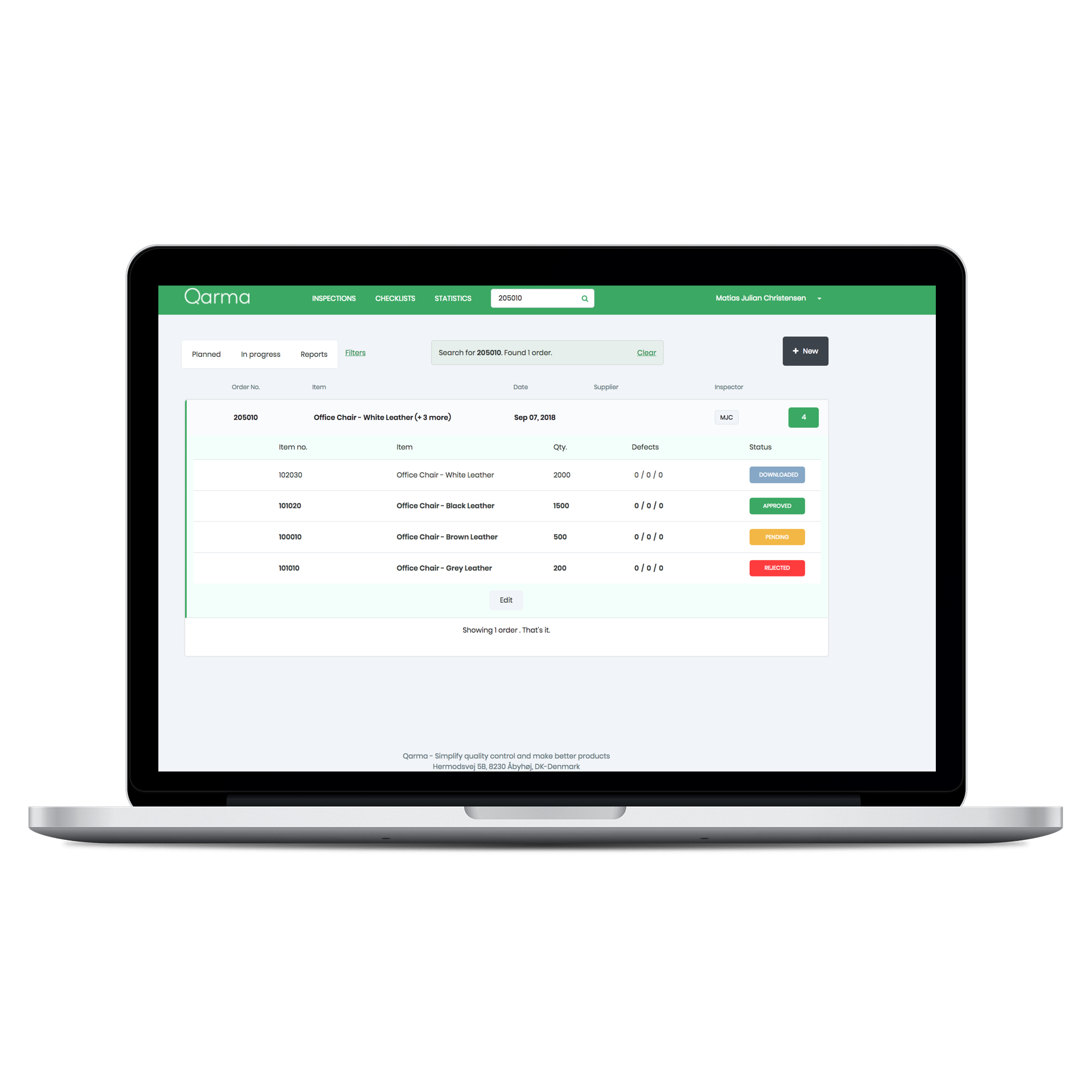 Qarma quality control dashboard on a laptop